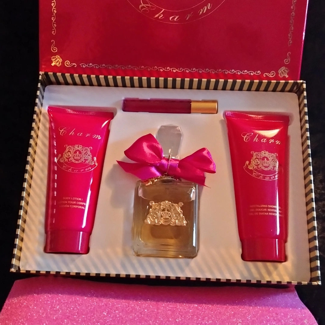 charm perfume body wash and lotion.